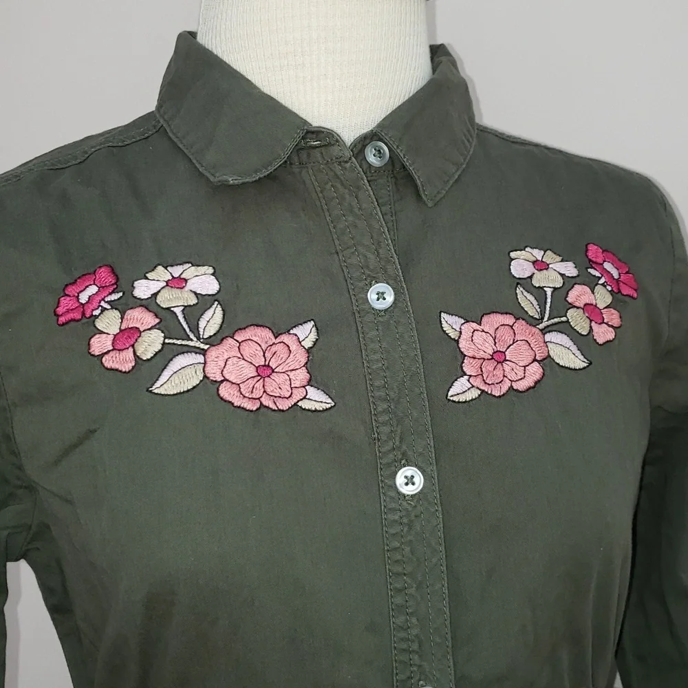 Wonder Nation Green Cotton Button Front Dress with Floral Embroidery, Size XL